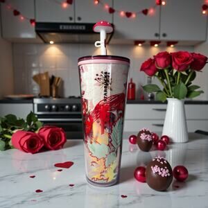 Starbucks Woodland Fox Floral Cold Cup Tumbler w/ Mushroom Straw Topper Pink EUC